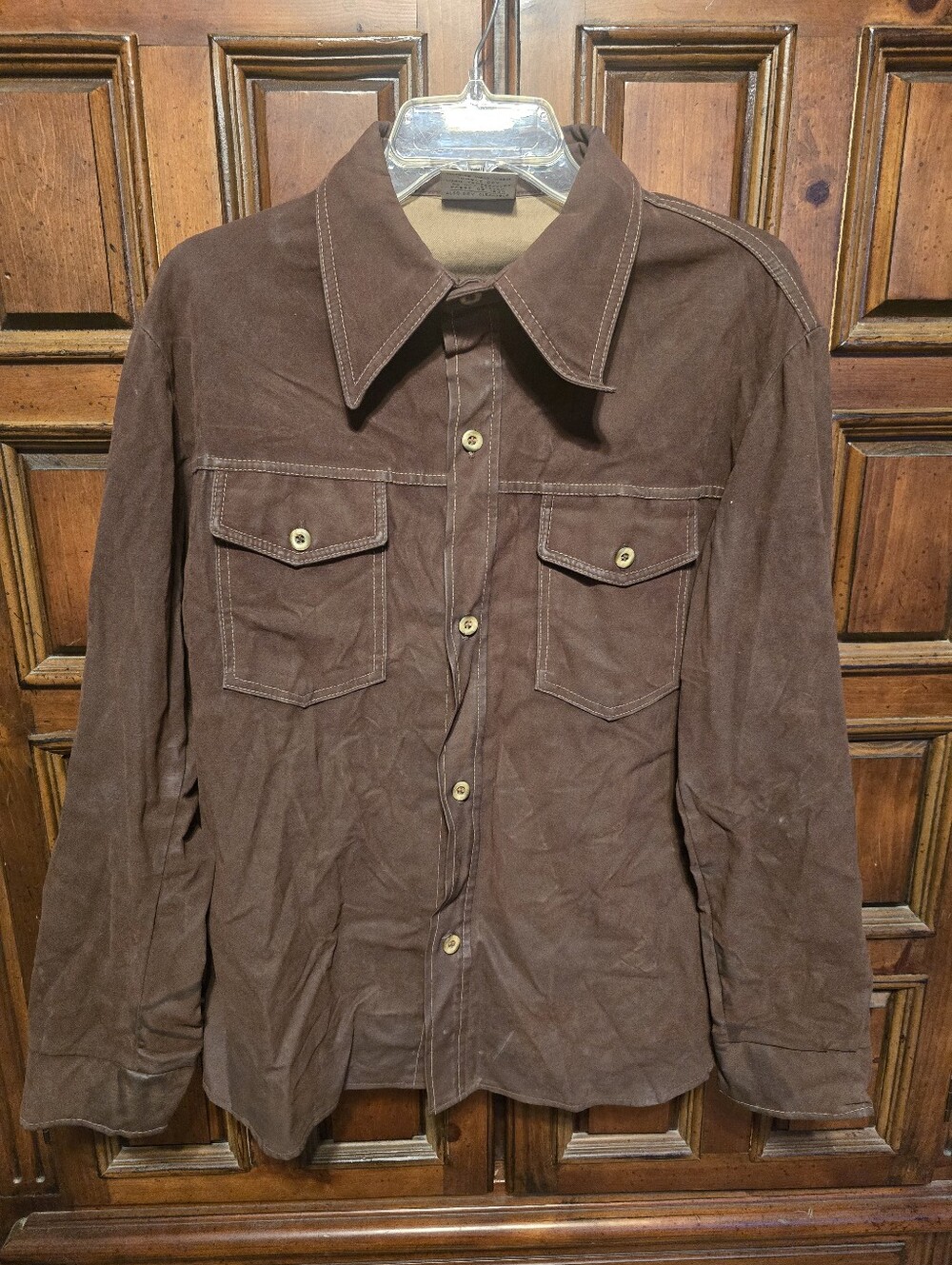 William Barry Solid Button-Up Shirt Mens M Long Sleeve Pockets Brown Vtg